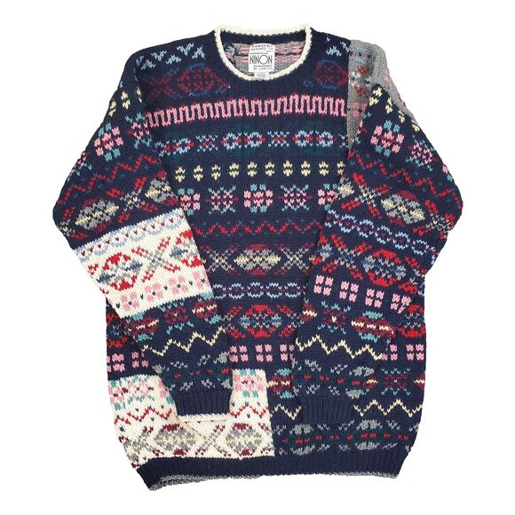 Ninon de Lenclos Handknit 100% Wool Sweater M Fair Isle Patchwork Nordic Cottage - Picture 3 of 11